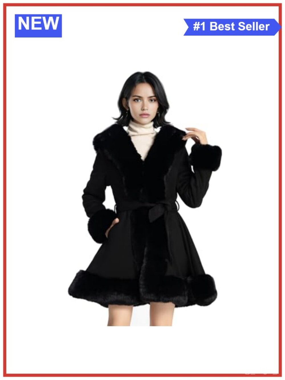 Faux Fur Leather Belted Peplum Parka Coat Women Winter Slim Fit